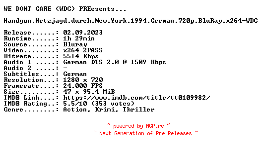 NFO for the release Handgun.Hetzjagd.durch.New.York.1994.German.720p.BluRay.x264-WDC by WDC
