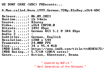 NFO for the release A.Man.called.Hero.1999.German.720p.BluRay.x264-WDC by WDC