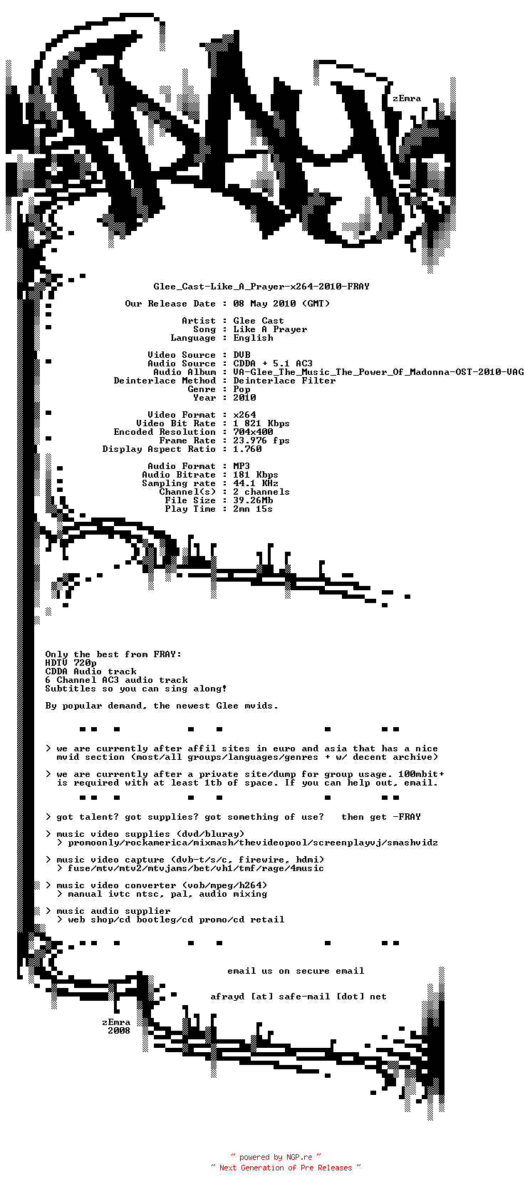NFO for the release Glee_Cast-Like_A_Prayer-x264-2010-FRAY by FRAY