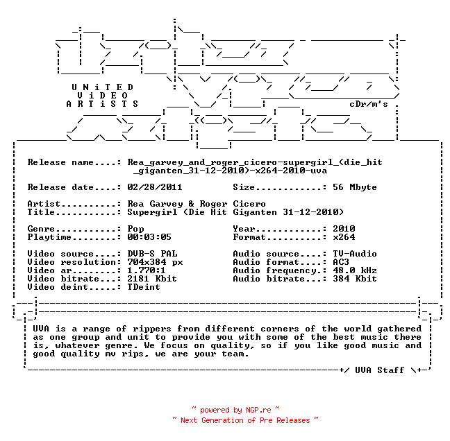 NFO for the release Rea_garvey_and_roger_cicero-supergirl_(die_hit_giganten_31-12-2010)-x264-2010-uva by uva
