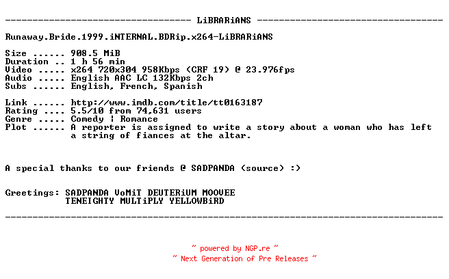 NFO for the release Runaway.Bride.1999.iNTERNAL.BDRip.x264-LiBRARiANS by LiBRARiANS