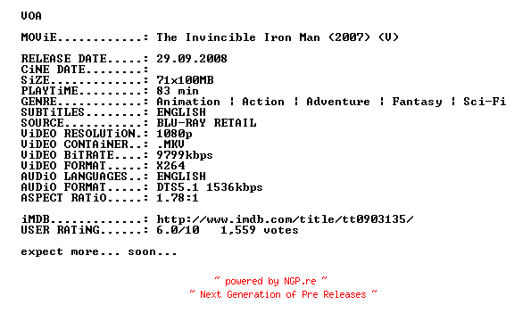 NFO for the release The.Invincible.Iron.Man.2007.BluRay.x264-VOA by VOA