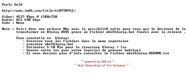 NFO for the release Fools.Gold.720p.FRENCH.BluRay.x264-ForceBleue by ForceBleue