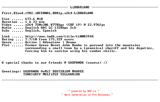 NFO for the release First.Blood.1982.iNTERNAL.BDRip.x264-LiBRARiANS by LiBRARiANS
