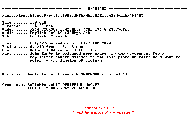 NFO for the release Rambo.First.Blood.Part.II.1985.iNTERNAL.BDRip.x264-LiBRARiANS by LiBRARiANS