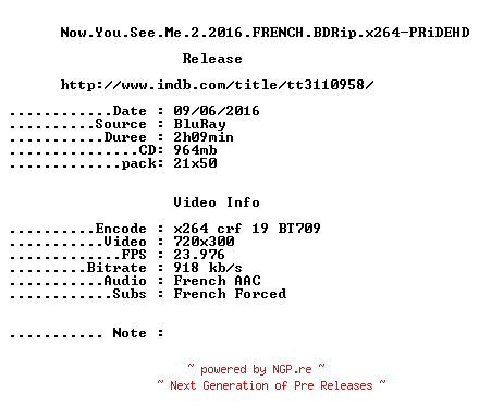 NFO for the release Now.You.See.Me.2.2016.FRENCH.BDRip.x264-PRiDEHD by PRiDEHD