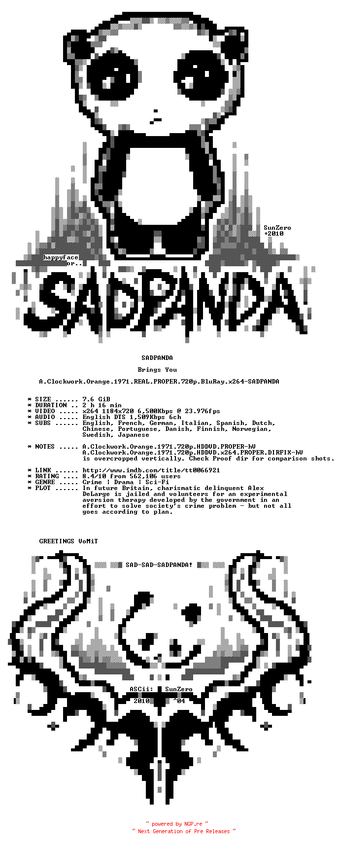 NFO for the release A.Clockwork.Orange.1971.REAL.PROPER.720p.BluRay.x264-SADPANDA by SADPANDA