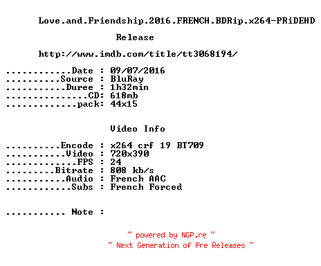 NFO for the release Love.and.Friendship.2016.FRENCH.BDRip.x264-PRiDEHD by PRiDEHD
