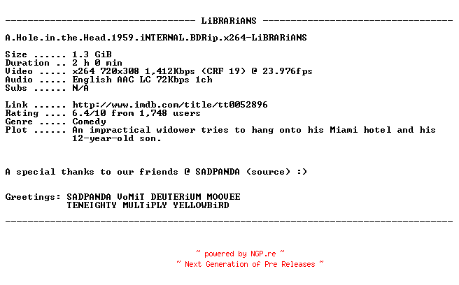 NFO for the release A.Hole.in.the.Head.1959.iNTERNAL.BDRip.x264-LiBRARiANS by LiBRARiANS