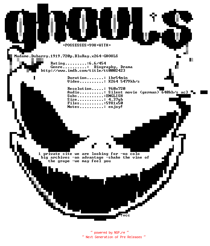 NFO for the release Madame.Dubarry.1919.720p.BluRay.x264-GHOULS by GHOULS