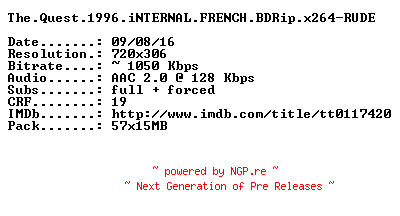 NFO for the release The.Quest.1996.iNTERNAL.FRENCH.BDRip.x264-RUDE by RUDE