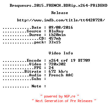 NFO for the release Braqueurs.2015.FRENCH.BDRip.x264-PRiDEHD by PRiDEHD