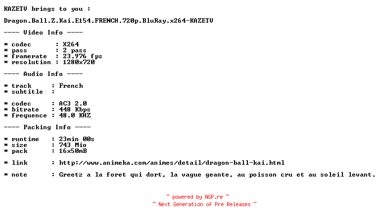 NFO for the release Dragon.Ball.Z.Kai.E154.FRENCH.720p.BluRay.x264-KAZETV by KAZETV