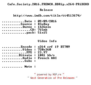 NFO for the release Cafe.Society.2016.FRENCH.BDRip.x264-PRiDEHD by PRiDEHD