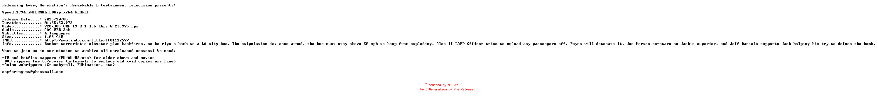 NFO for the release Speed.1994.iNTERNAL.BDRip.x264-REGRET by REGRET