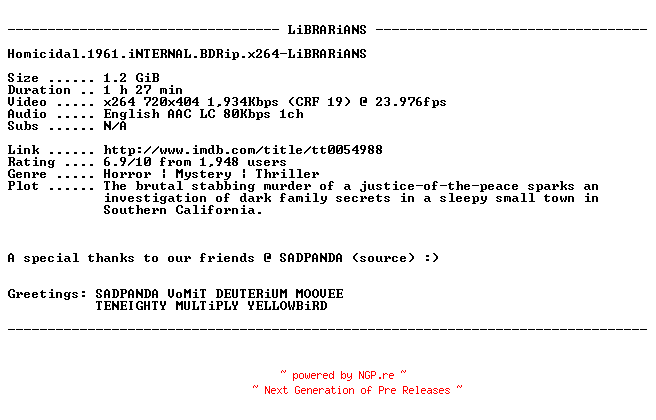 NFO for the release Homicidal.1961.iNTERNAL.BDRip.x264-LiBRARiANS by LiBRARiANS