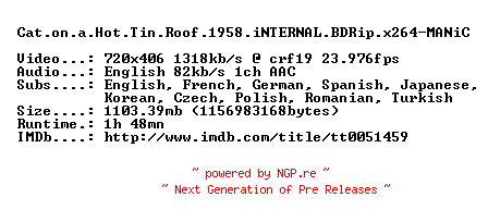 NFO for the release Cat.on.a.Hot.Tin.Roof.1958.iNTERNAL.BDRip.x264-MANiC by MANiC