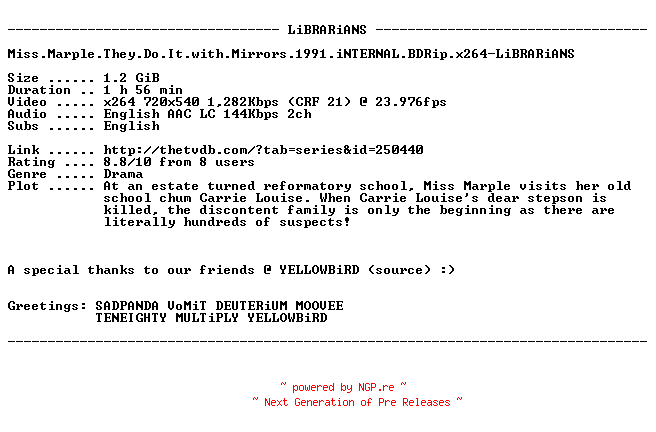 NFO for the release Miss.Marple.They.Do.It.with.Mirrors.1991.iNTERNAL.BDRip.x264-LiBRARiANS by LiBRARiANS