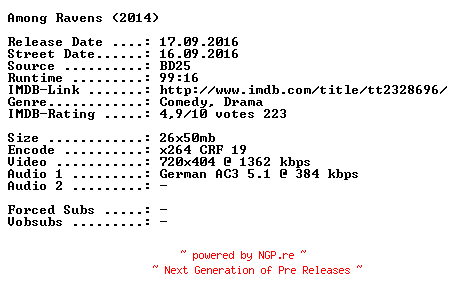 NFO for the release Among.Ravens.German.2014.AC3.BDRip.x264-SPiCY by SPiCY
