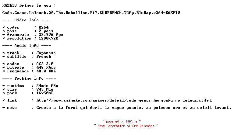 NFO for the release Code.Geass.Lelouch.Of.The.Rebellion.E17.SUBFRENCH.720p.BluRay.x264-KAZETV by KAZETV