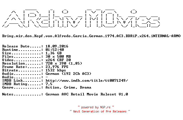 NFO for the release Bring.mir.den.Kopf.von.Alfredo.Garcia.German.1974.AC3.BDRiP.x264.iNTERNAL-ARMO by ARMO