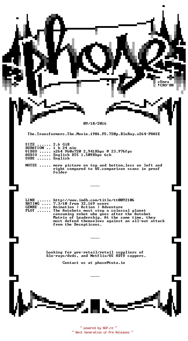 NFO for the release The.Transformers.The.Movie.1986.FS.720p.BluRay.x264-PHASE by PHASE