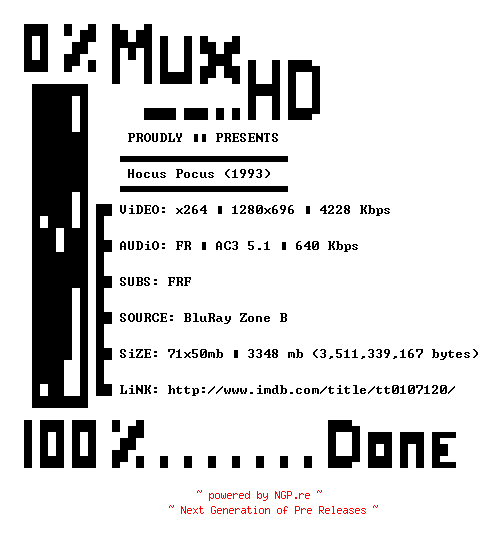 NFO for the release Hocus.Pocus.1993.FRENCH.720p.BluRay.x264-MUxHD by MUxHD