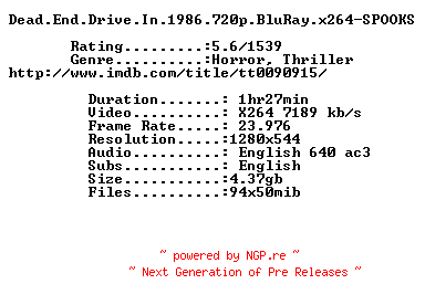 NFO for the release Dead.End.Drive.In.1986.720p.BluRay.x264-SPOOKS by SPOOKS