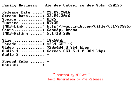 NFO for the release Family.Business.Wie.der.Vater.so.der.Sohn.German.2012.AC3.BDRip.x264-SPiCY by SPiCY