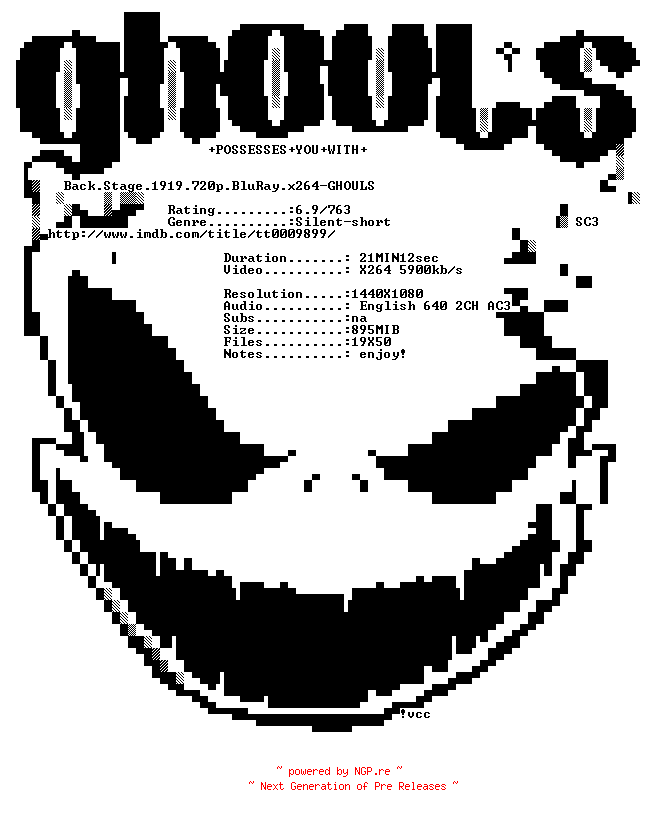 NFO for the release Back.Stage.1919.720p.BluRay.x264-GHOULS by GHOULS