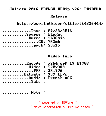 NFO for the release Julieta.2016.FRENCH.BDRip.x264-PRiDEHD by PRiDEHD