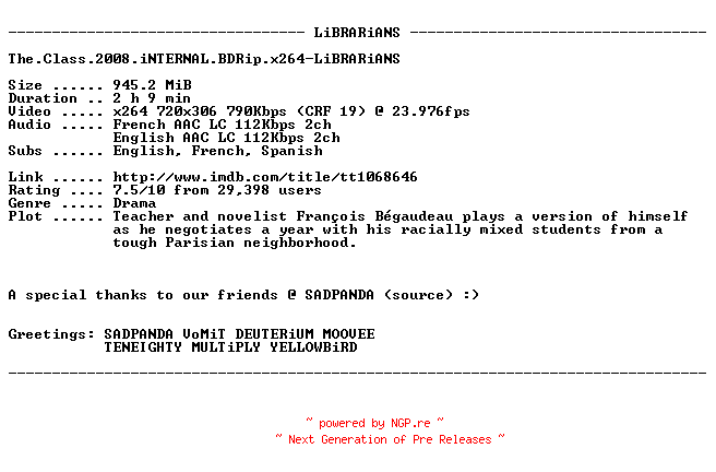 NFO for the release The.Class.2008.iNTERNAL.BDRip.x264-LiBRARiANS by LiBRARiANS