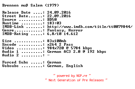 NFO for the release Brennen.muss.Salem.1979.German.720p.BluRay.x264-SPiCY by SPiCY