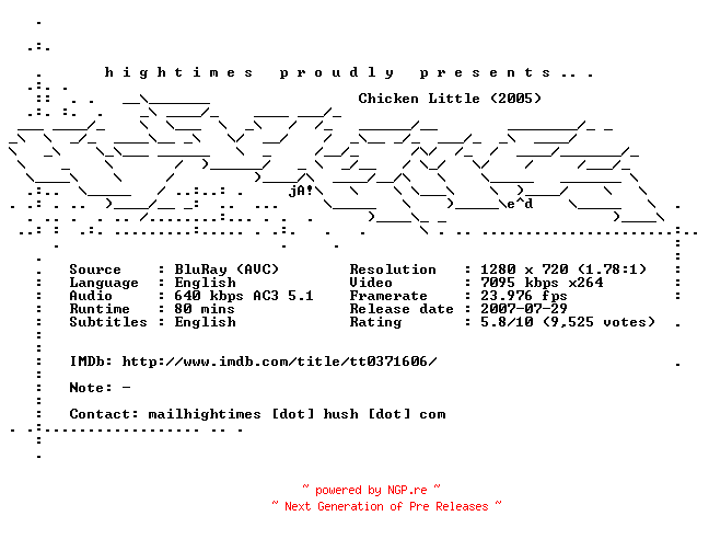 NFO for the release Chicken.Little.2005.720p.BluRay.x264-HiGHTiMES by HiGHTiMES