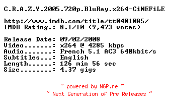NFO for the release C.R.A.Z.Y.2005.720p.BluRay.x264-CiNEFiLE by CiNEFiLE