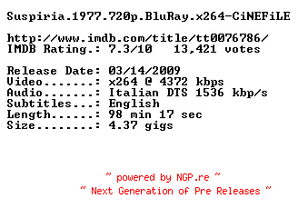 NFO for the release Suspiria.1977.720p.BluRay.x264-CiNEFiLE by CiNEFiLE