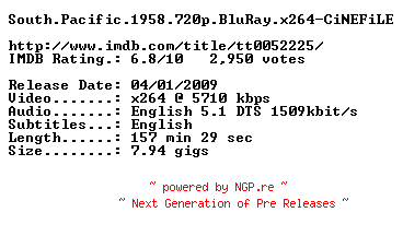 NFO for the release South.Pacific.1958.720p.BluRay.x264-CiNEFiLE by CiNEFiLE