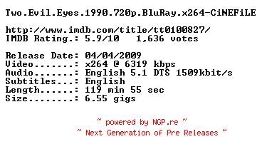 NFO for the release Two.Evil.Eyes.1990.720p.BluRay.x264-CiNEFiLE by CiNEFiLE