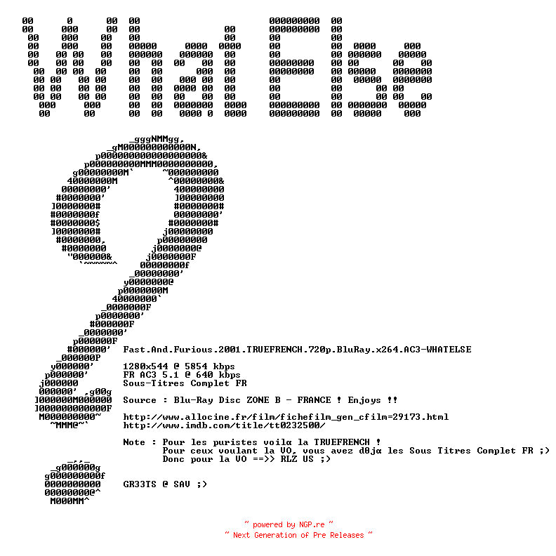 NFO for the release Fast.And.Furious.2001.TRUEFRENCH.720p.BluRay.x264.AC3-WHATELSE by WHATELSE