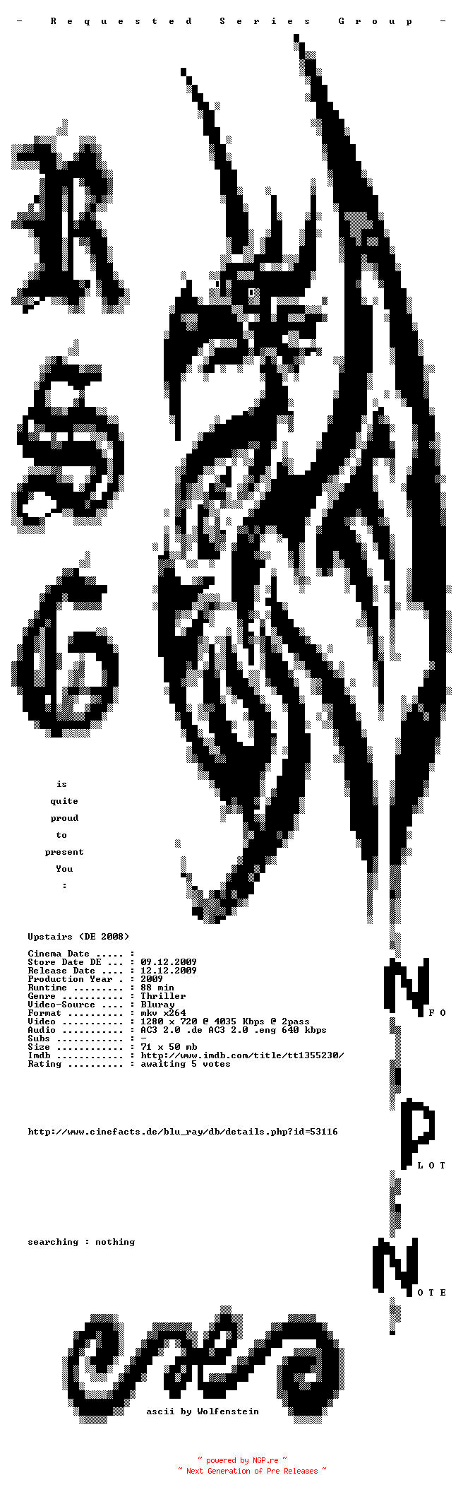 NFO for the release Upstairs.2009.German.DL.720p.BluRay.x264-RSG by RSG