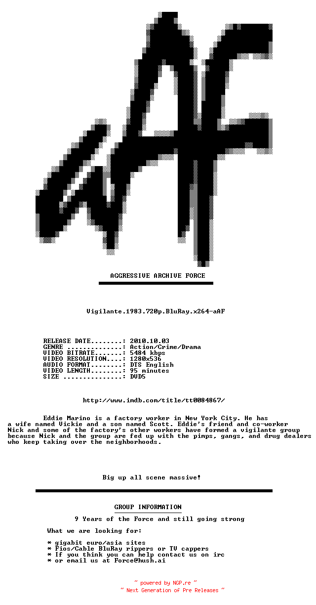 NFO for the release Vigilante.1983.720p.BluRay.x264-aAF by aAF
