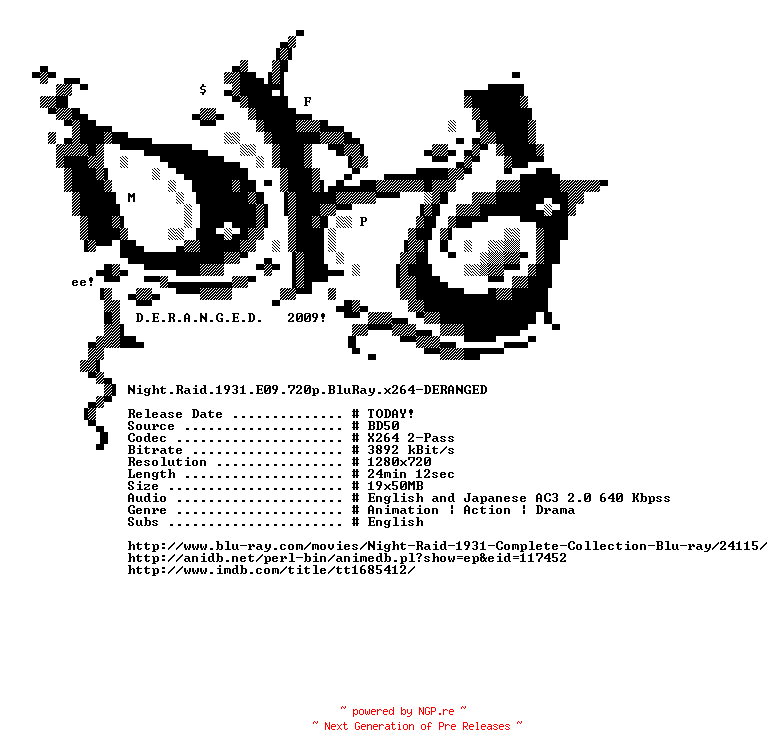 NFO for the release Night.Raid.1931.E09.720p.BluRay.x264-DERANGED by DERANGED