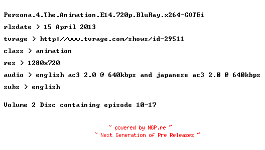NFO for the release Persona.4.The.Animation.E14.720p.BluRay.x264-GOTEi by GOTEi