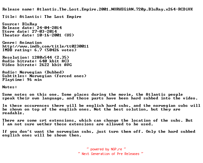 NFO for the release Atlantis.The.Lost.Empire.2001.NORWEGiAN.720p.BluRay.x264-RCDiVX by RCDiVX