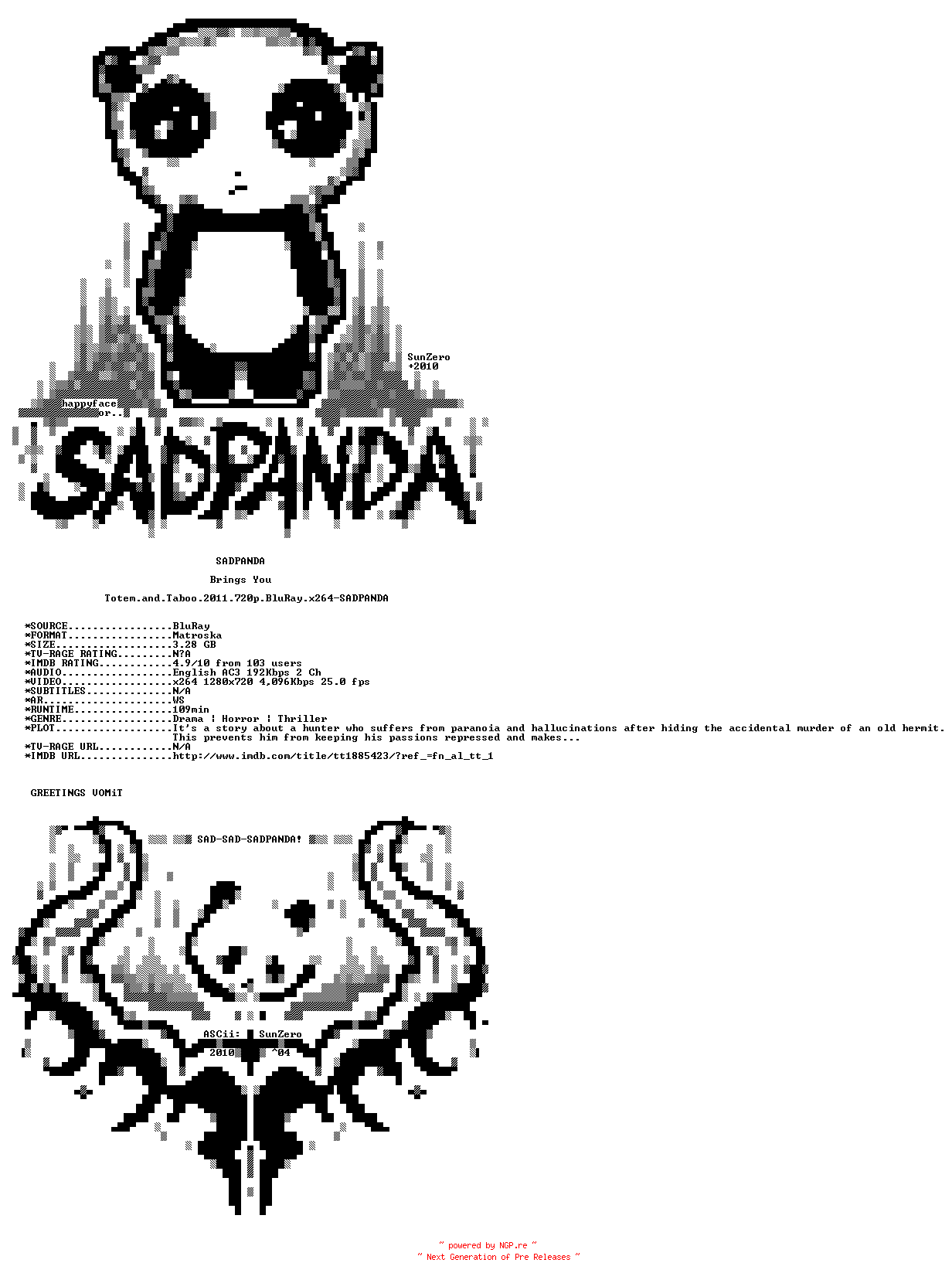 NFO for the release Totem.and.Taboo.2011.720p.BluRay.x264-SADPANDA by SADPANDA