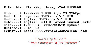 NFO for the release Elfen.Lied.E12.720p.BluRay.x264-BiPOLAR by BiPOLAR