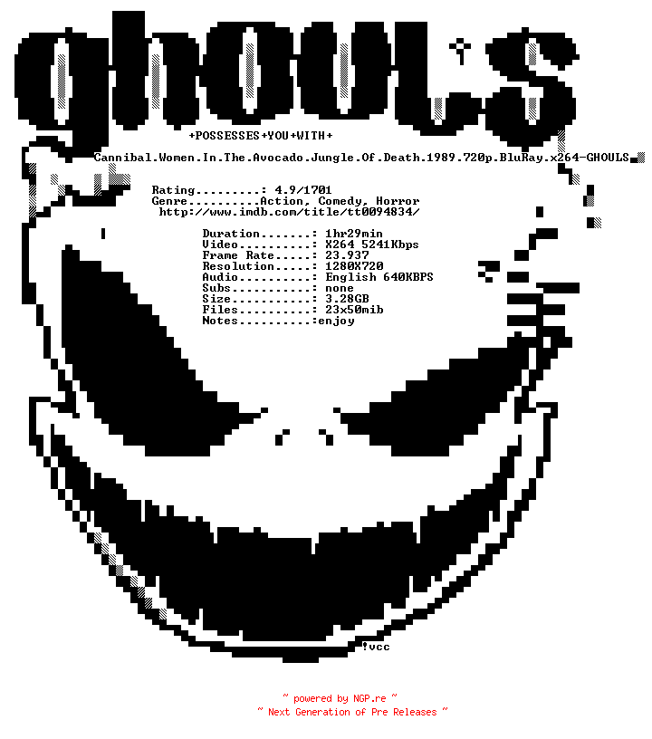 NFO for the release Cannibal.Women.In.The.Avocado.Jungle.Of.Death.1989.720p.BluRay.x264-GHOULS by GHOULS