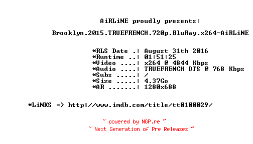 NFO for the release Brooklyn.2015.TRUEFRENCH.720p.BluRay.x264-AiRLiNE by AiRLiNE