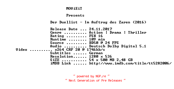 NFO for the release Der.Duellist.2016.German.720p.BluRay.x264-MOViEiT by MOViEiT