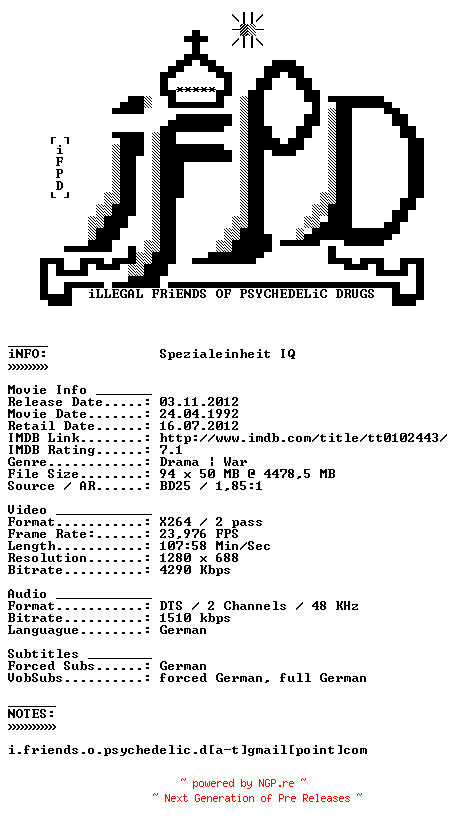 NFO for the release Spezialeinheit.IQ.1992.German.720p.BluRay.x264-iFPD by iFPD